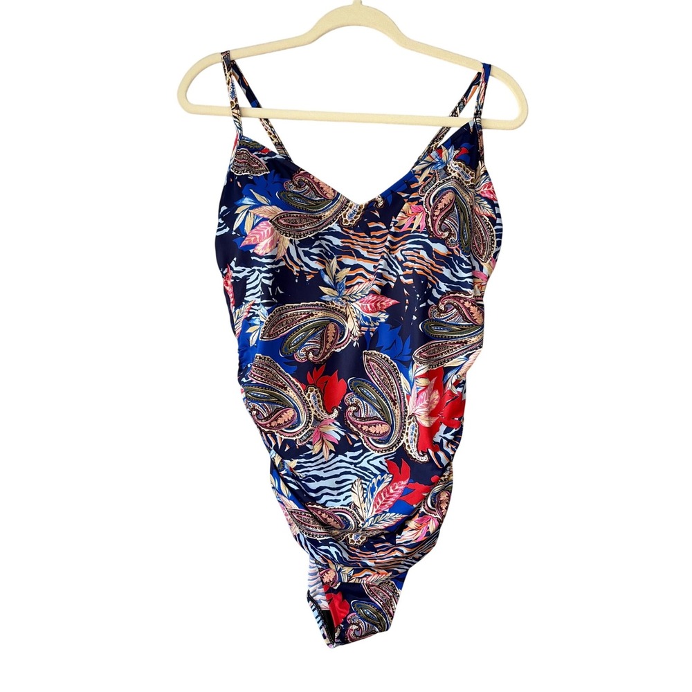 Aqua Green Womens XL Paisley Floral Ruched One Piece Swimsuit Navy Blue 676080